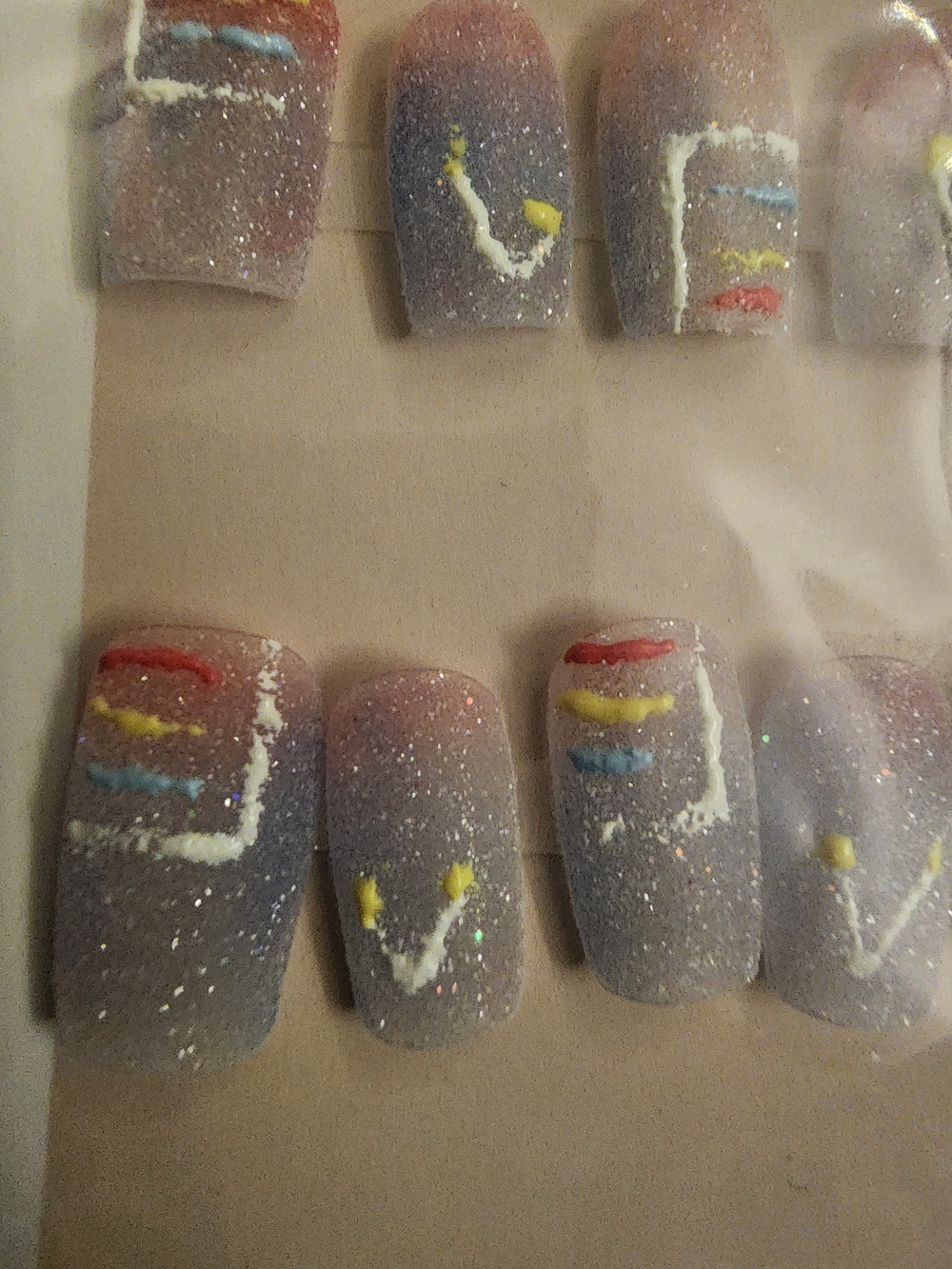 Glitter Ombre Press-On Nails with Colorful Accent Lines